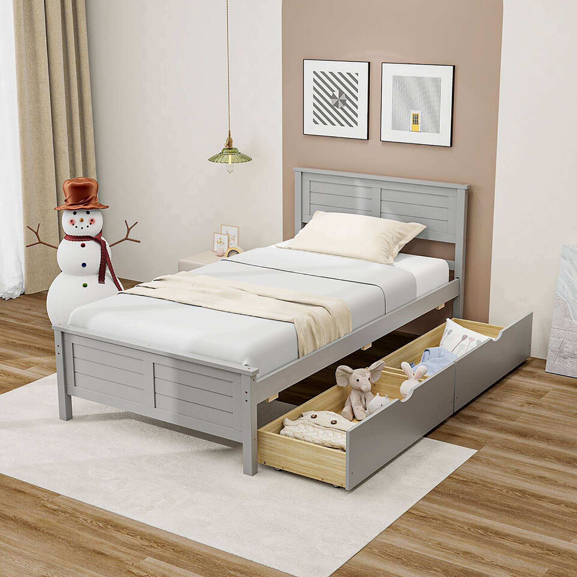 Alt View 1. Gymax - Gymax Twin Size Wooden Bed Frame w/ 2 Storage Drawers & Under-bed Storage Gray - Gray.