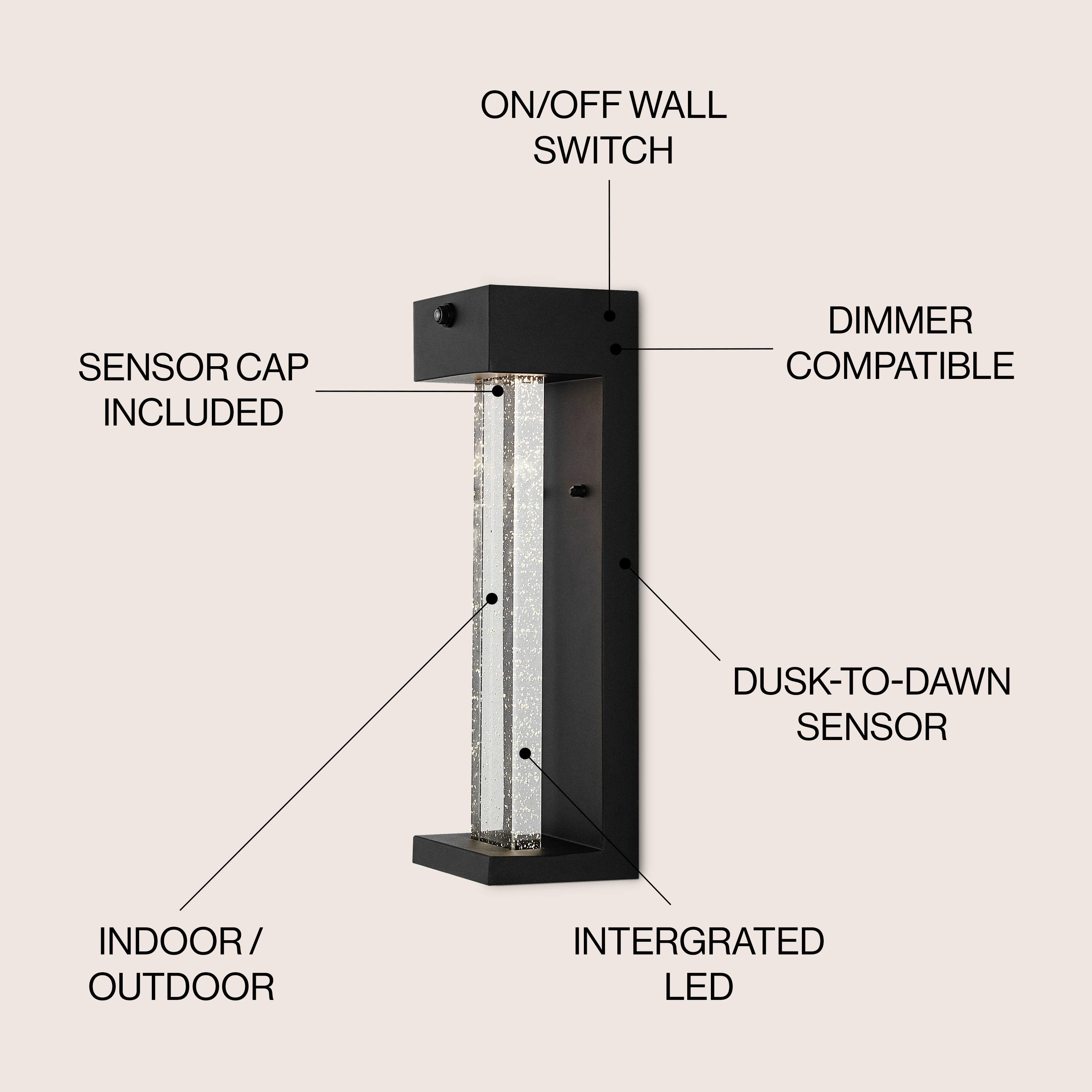 ON/OFF WALL SWITCH  
SENSOR CAP INCLUDED  
DIMMER COMPATIBLE  
DUSK-TO-DAWN SENSOR  
INDOOR/OUTDOOR  
INTERGRATED LED