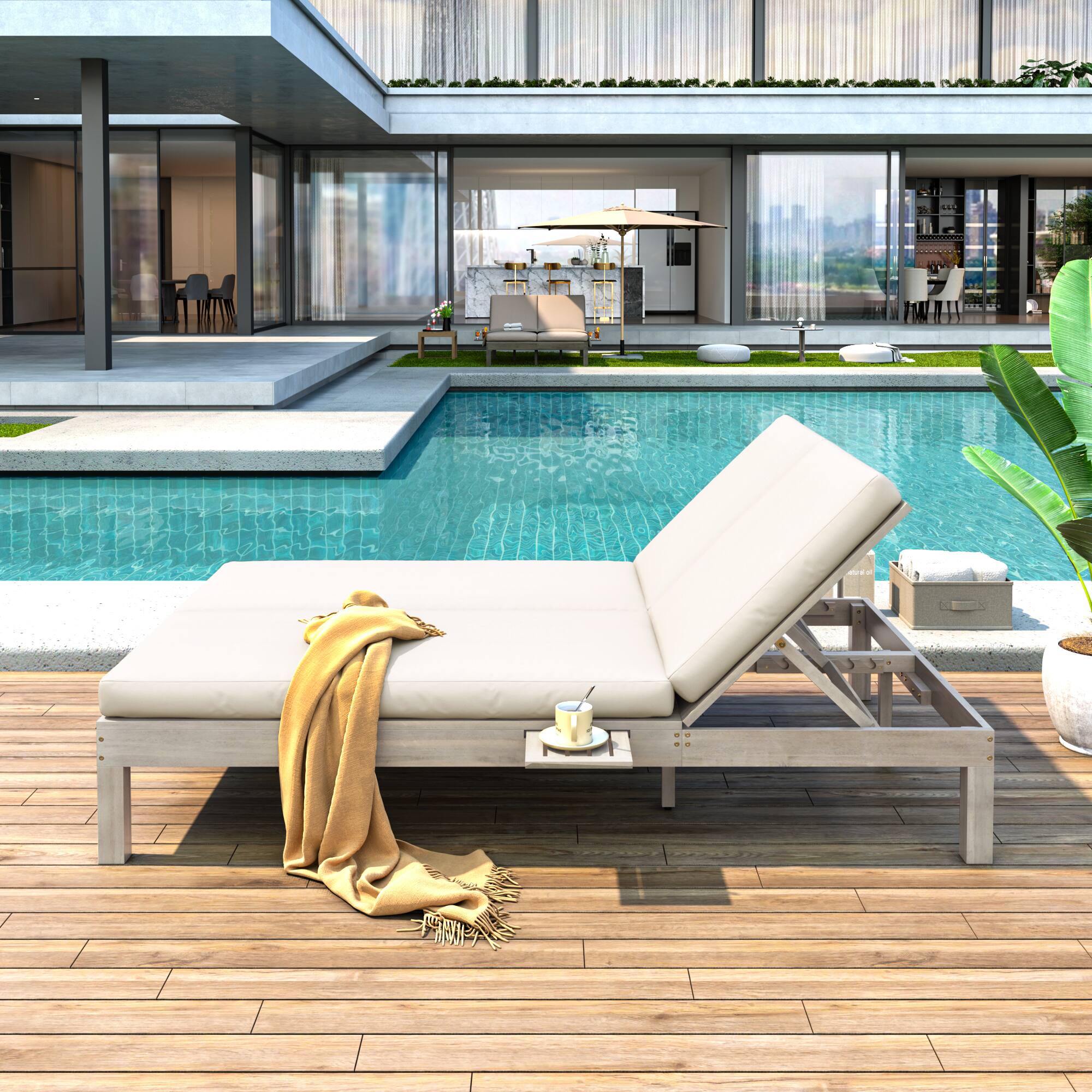 Alt View 5. Loheer - Double Outdoor Chaise Lounge with 5-Position Adjustable Backrest, Cushion & Folding Side Trays - Gray.