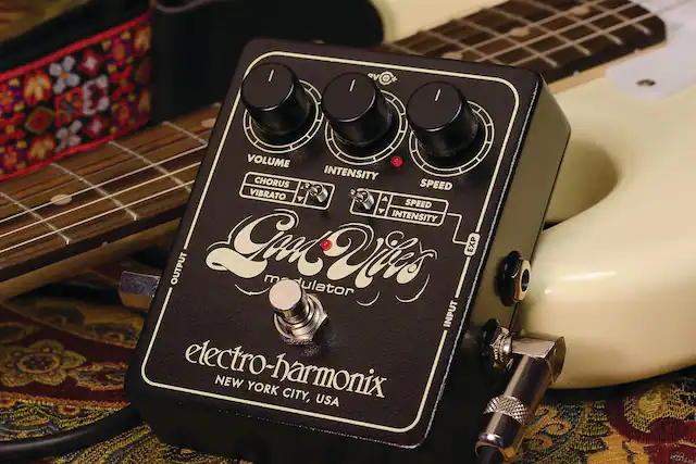 Sure, here is the corrected and grouped text from the image:
**Top Section:**
- **VOLUME**
- **INTENSITY**
- **SPEED**
**Middle Section:**
- **CHORUS VIBRATO**
- **SPEED**
- **INTENSITY**
**Bottom Section:**
- **electro-harmonix**
- **NEW YORK CITY, USA**
**Additional Text:**
- **INPUT**
- **OUTPUT**
- **EXP**