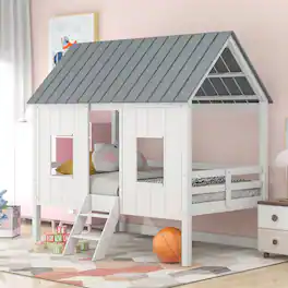 Loheer - Twin House Bed Low Loft Kids Playhouse Bed with Roof - White