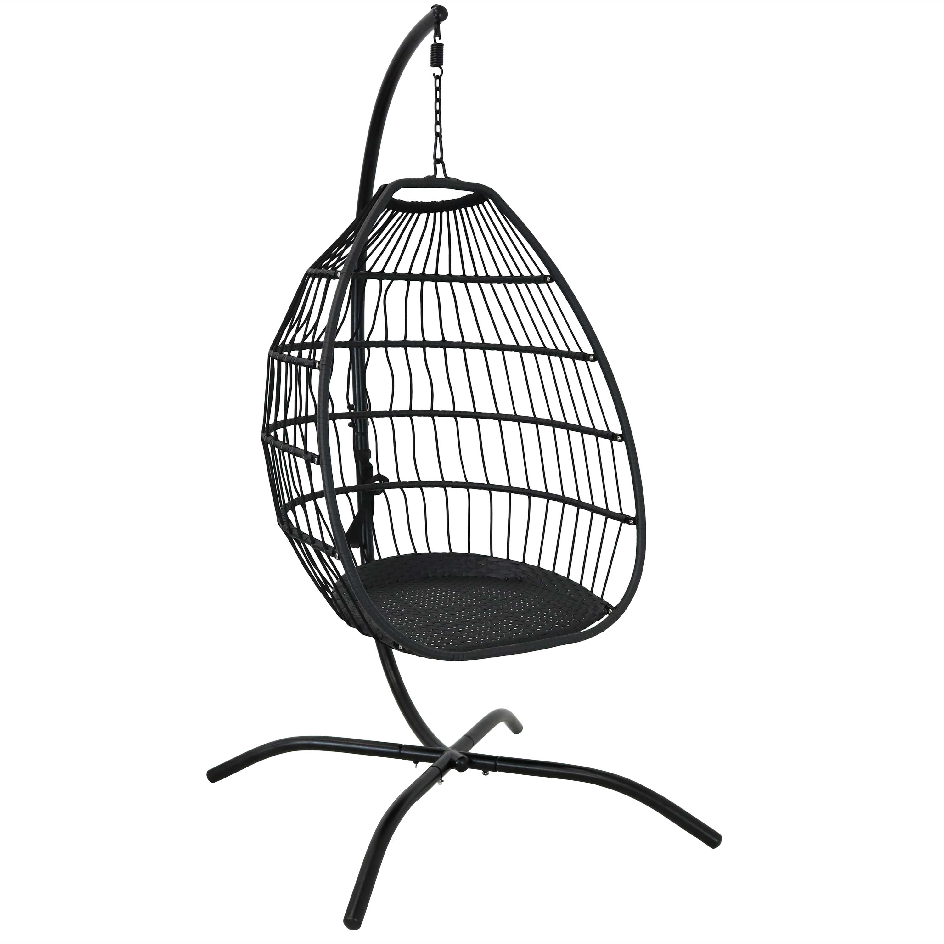 Alt View 9. Sunnydaze - Resin Wicker Hanging Egg Chair with Steel Stand/Cushions - Black.