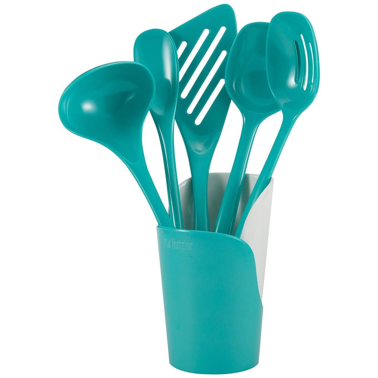 Hutzler - 6-piece Melamine Cooking Utensils Set and Storage Crock - Turquoise