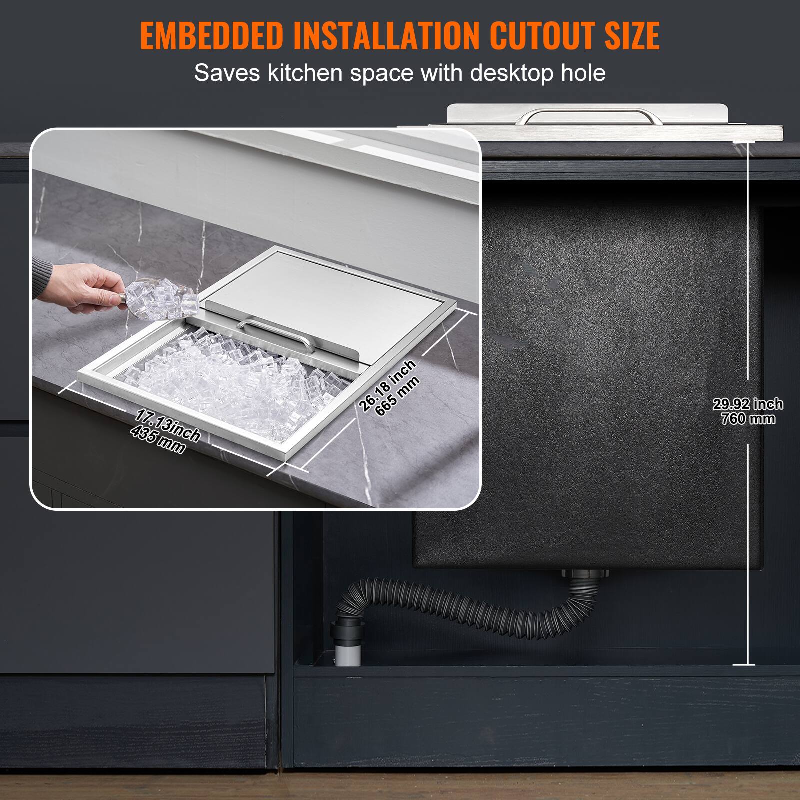 EMBEDDED INSTALLATION CUTOUT SIZE  
Saves kitchen space with desktop hole  

17.13 inch / 435 mm  
26.18 inch / 665 mm  
29.92 inch / 760 mm