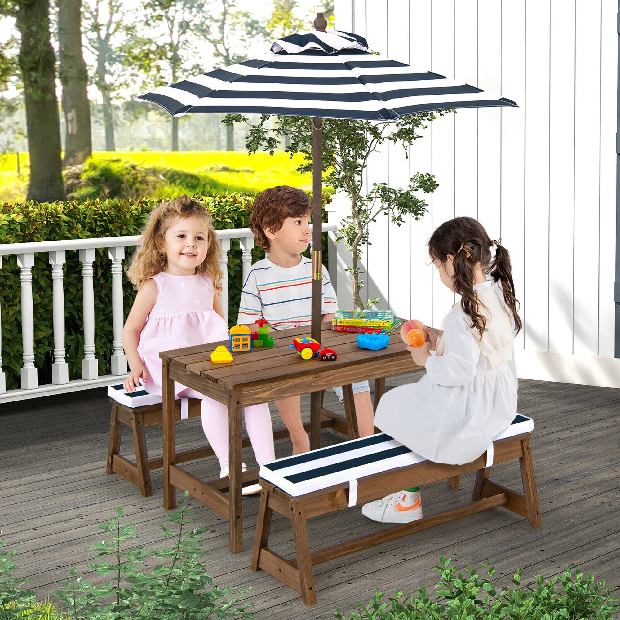 Alt View 3. Gymax - Gymax Kids Wood Picnic Table and Bench Set w/ Cushions Umbrella for Indoor Outdoor Blue - Blue.