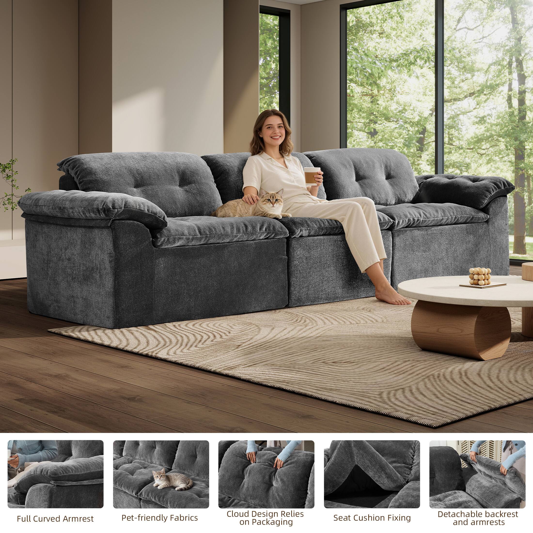 - Full Curved Armrest
- Pet-friendly Fabrics
- Cloud Design Relies on Packaging
- Seat Cushion Fixing
- Detachable backrest and armrests