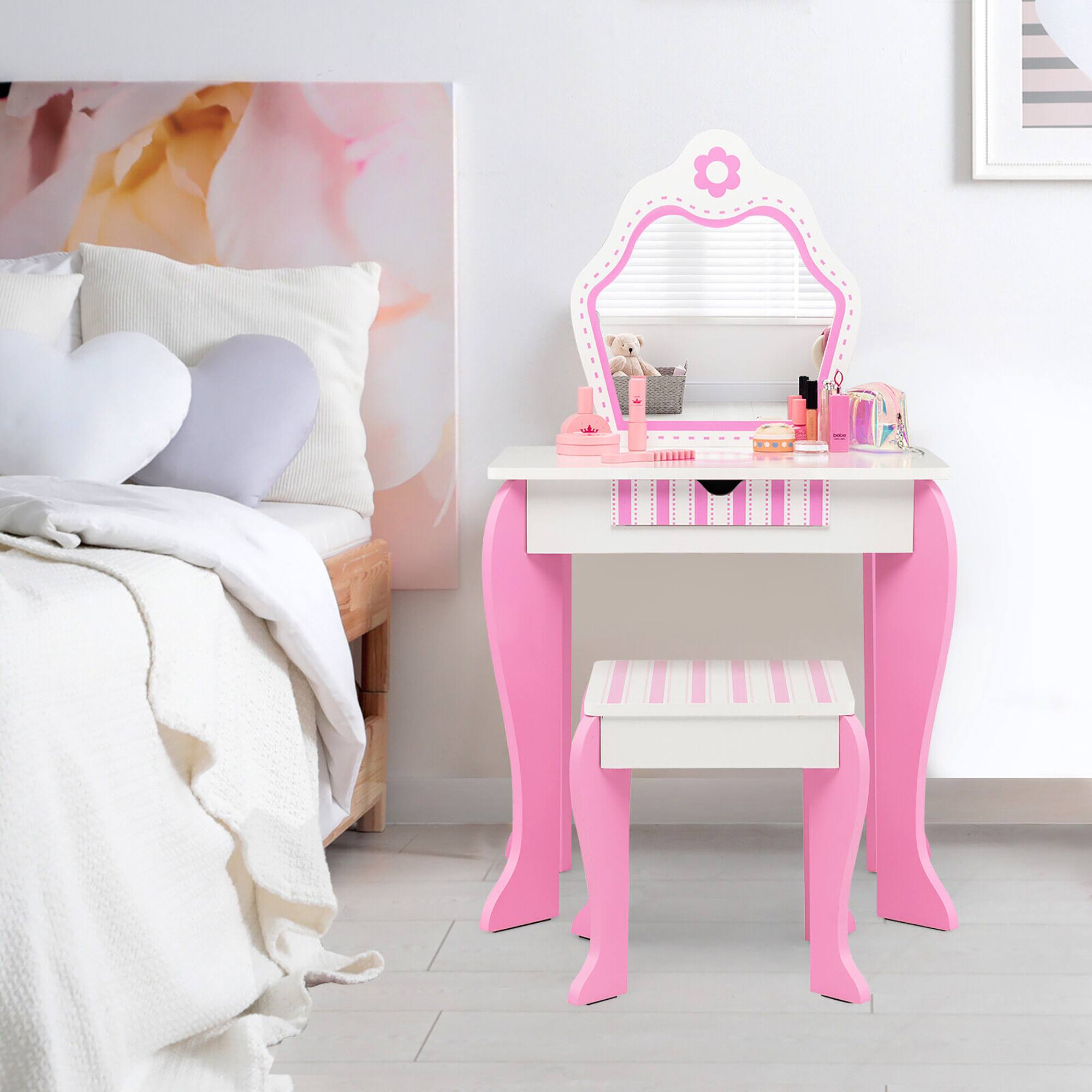 Alt View 3. Gymax - Gymax Kid Vanity Set Wooden Makeup Table Stool w/ Mirror Flower Print Pink & White - White.