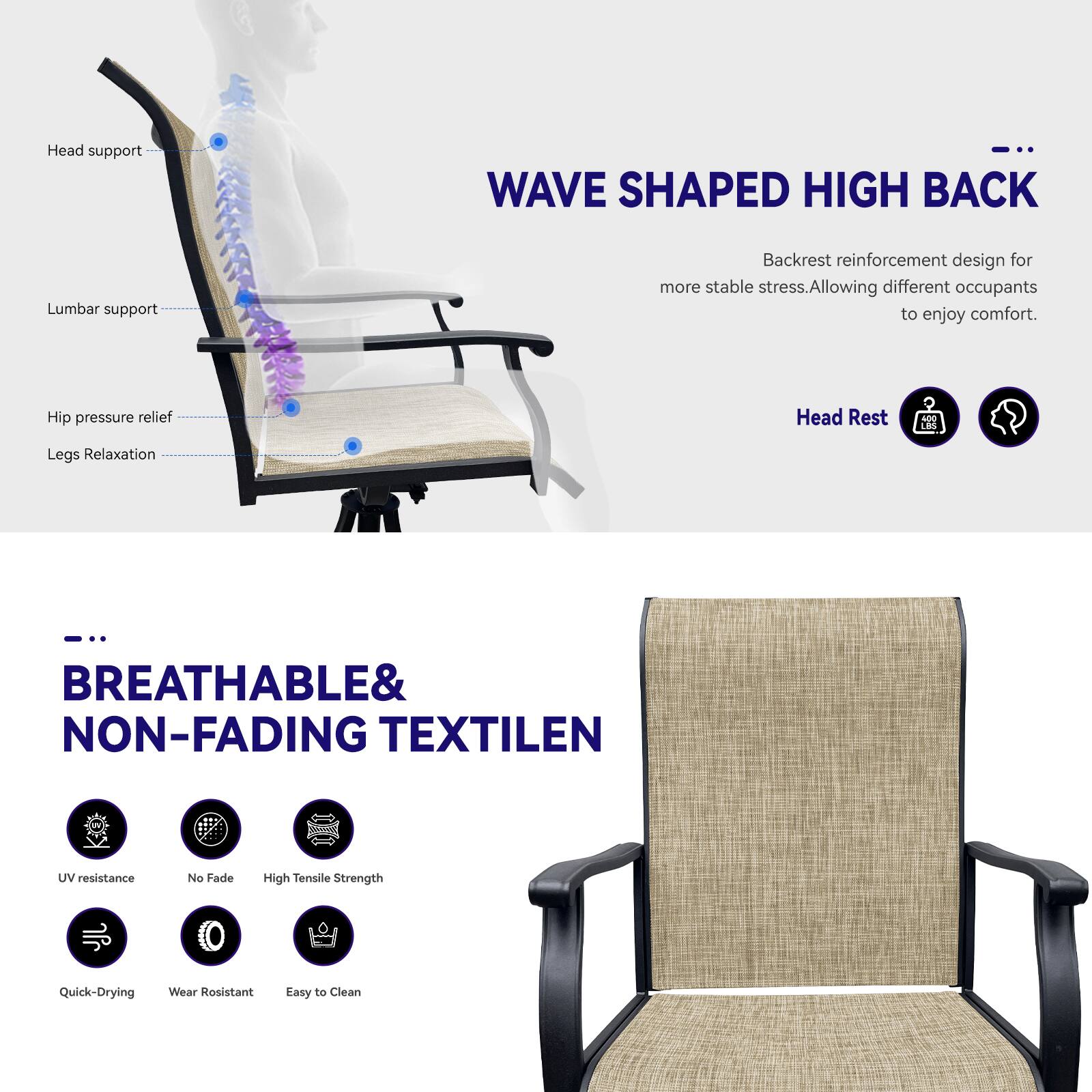 Head support - WAVE SHAPED HIGH BACK  
Lumbar support  
Backrest reinforcement design for more stable stress. Allowing different occupants to enjoy comfort.  
Hip pressure relief  
Head Rest Legs Relaxation  

BREATHABLE & NON-FADING TEXTILE  
UV resistance  
No Fade  
High Tensile Strength  
Quick-Drying  
Wear Resistant  
Easy to Clean