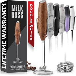 Zulay Kitchen - Double Whisk Milk Frother for Coffee With Upgraded Holster Stand by Milk Boss - Walnut