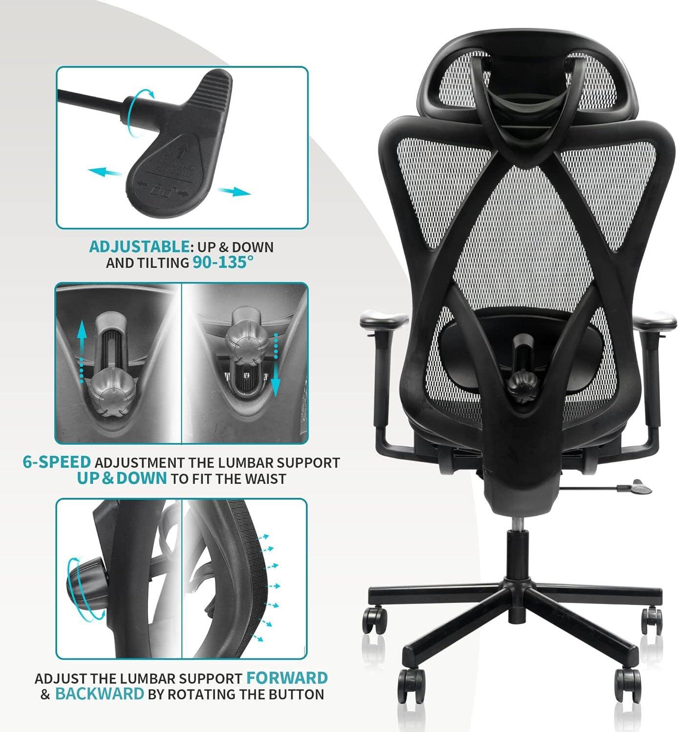 ADJUSTABLE: UP & DOWN AND TILTING 90-135°

6-SPEED ADJUSTMENT THE LUMBAR SUPPORT UP & DOWN TO FIT THE WAIST

ADJUST THE LUMBAR SUPPORT FORWARD & BACKWARD BY ROTATING THE BUTTON