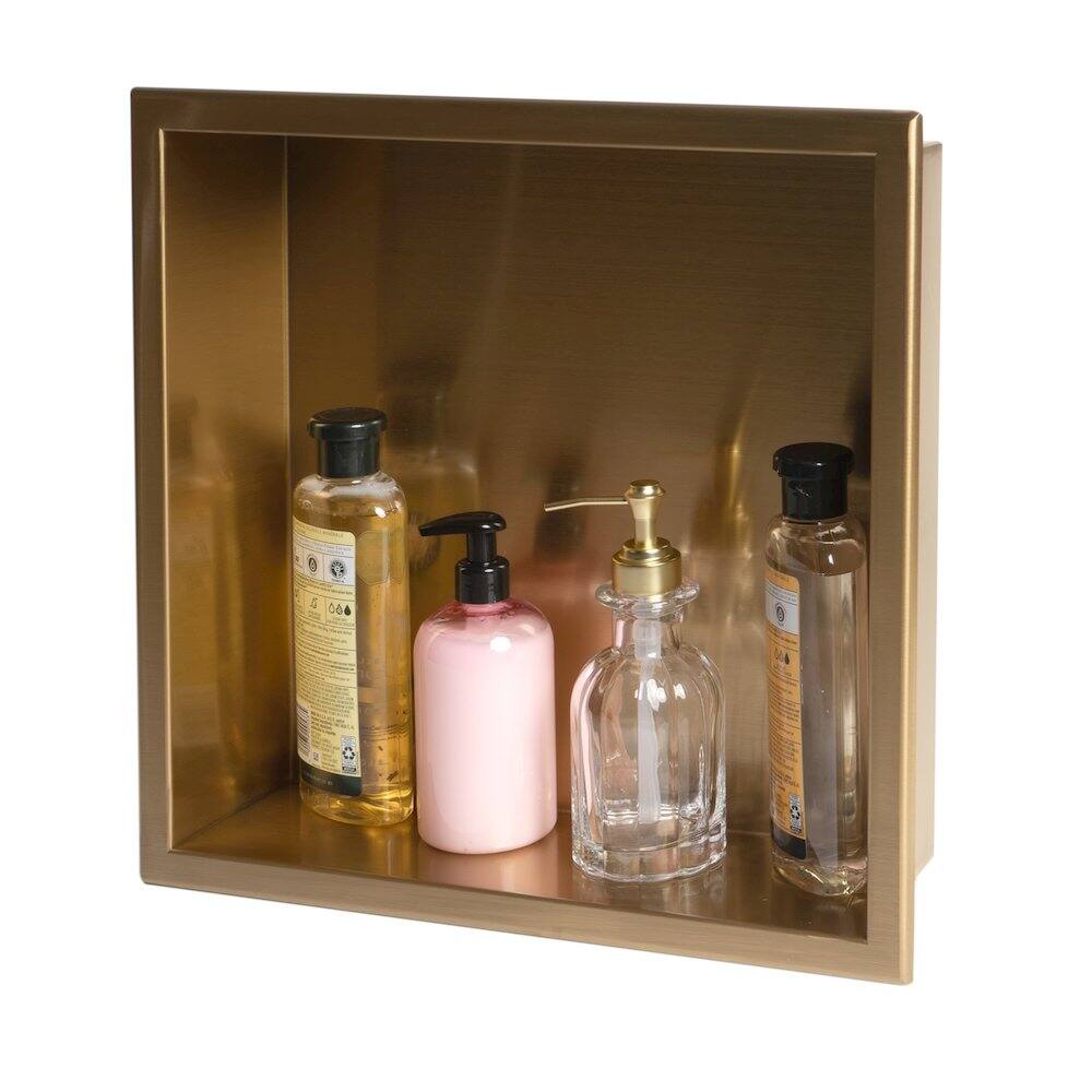 Alt View 1. Alfi - 16" x 16" Brushed Gold PVD Steel Square Single Shelf Shower Niche - Gold.