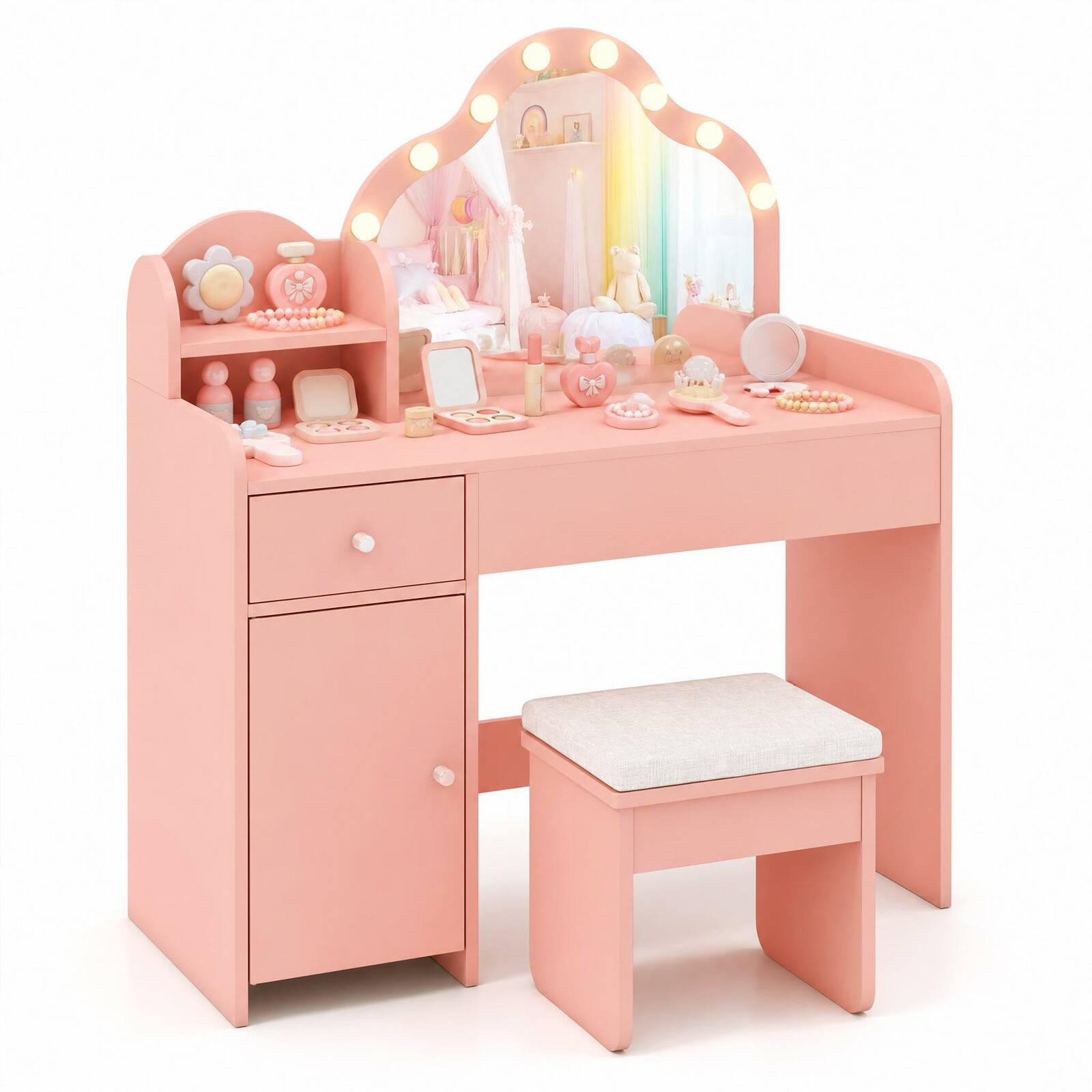 Alt View 1. Costway - Costway Kids Vanity Desk Set with Lighted Mirror Stool Drawer Cabinet - Pink.