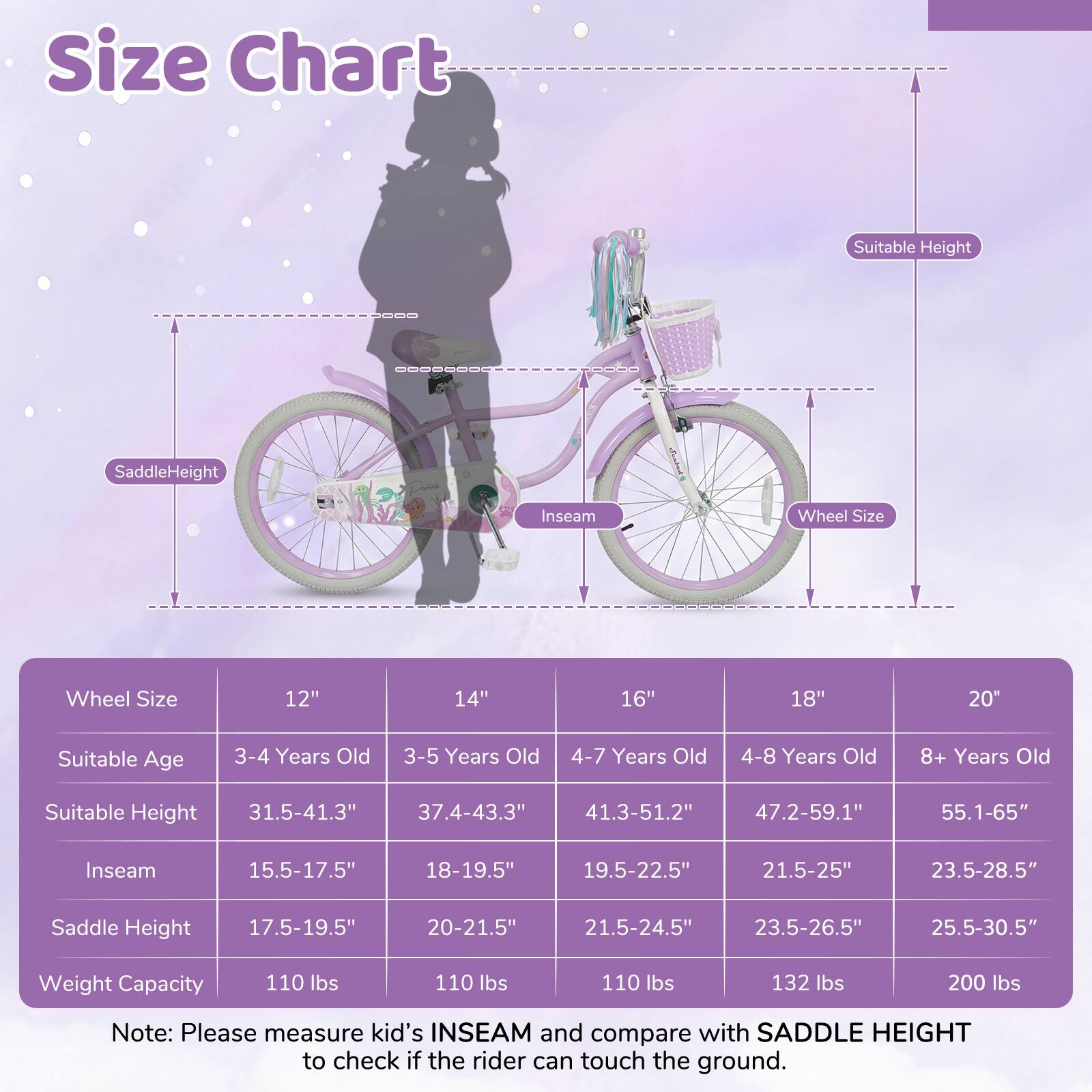 Size Chart

| Wheel Size | 12" | 14" | 16" | 18" | 20" |
|------------|-----|-----|-----|-----|-----|
| Suitable Age | 3-4 Years Old | 3-5 Years Old | 4-7 Years Old | 4-8 Years Old | 8+ Years Old |
| Suitable Height | 31.5-41.3" | 37.4-43.3" | 41.3-51.2" | 47.2-59.1" | 55.1-65" |
| Inseam | 15.5-17.5" | 18-19.5" | 19.5-22.5" | 21.5-25" | 23.5-28.5" |
| Saddle Height | 17.5-19.5" | 20-21.5" | 21.5-24.5" | 23.5-26.5"