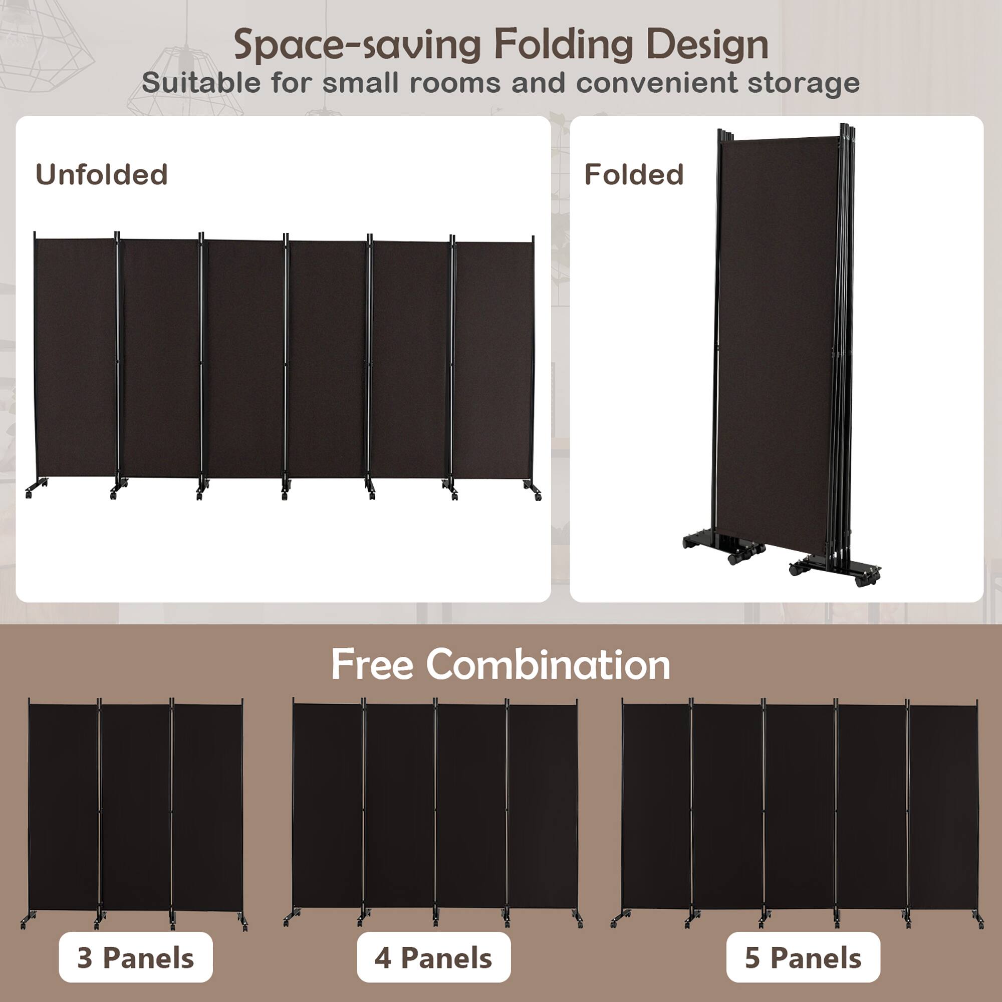 Space-saving Folding Design  
Suitable for small rooms and convenient storage

Unfolded  
Folded

Free Combination  
3 Panels  
4 Panels  
5 Panels