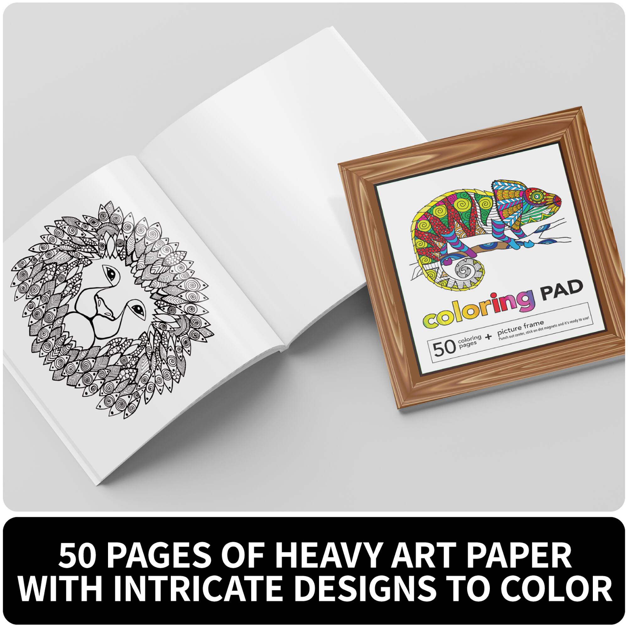 The image features a coloring pad with a picture frame on it, containing 50 pages of heavy art paper with intricate designs to color.
