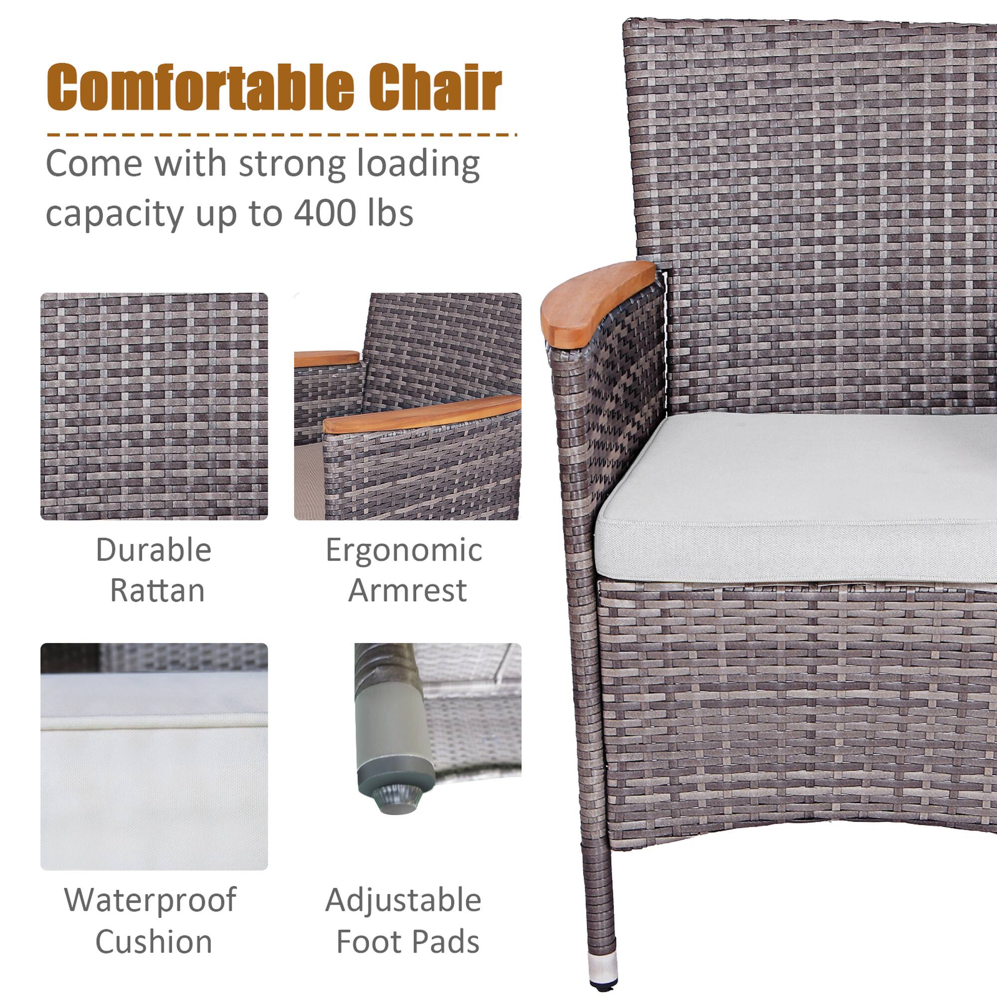 Comfortable Chair  
Come with strong loading capacity up to 400 lbs  
Durable Rattan  
Ergonomic Armrest  
Waterproof Cushion  
Adjustable Foot Pads