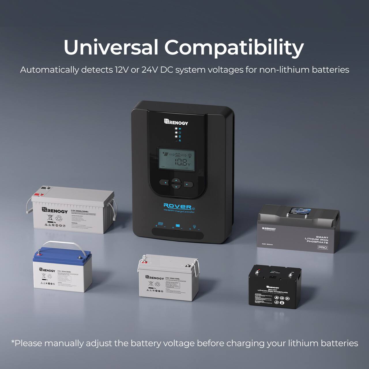 Universal Compatibility: Automatically detects 12V or 24V DC system voltages for non-lithium batteries. Brenogy I00 IUOV RENOGY - I ROVER and Charge AABOO aE BRHOT SMART UTRUM 1 PHOSPHAY PRO @IENDOY - - AA..O BRENOGY - - - AAVOOS - *Please manually adjust the battery voltage before charging your lithium batteries.
