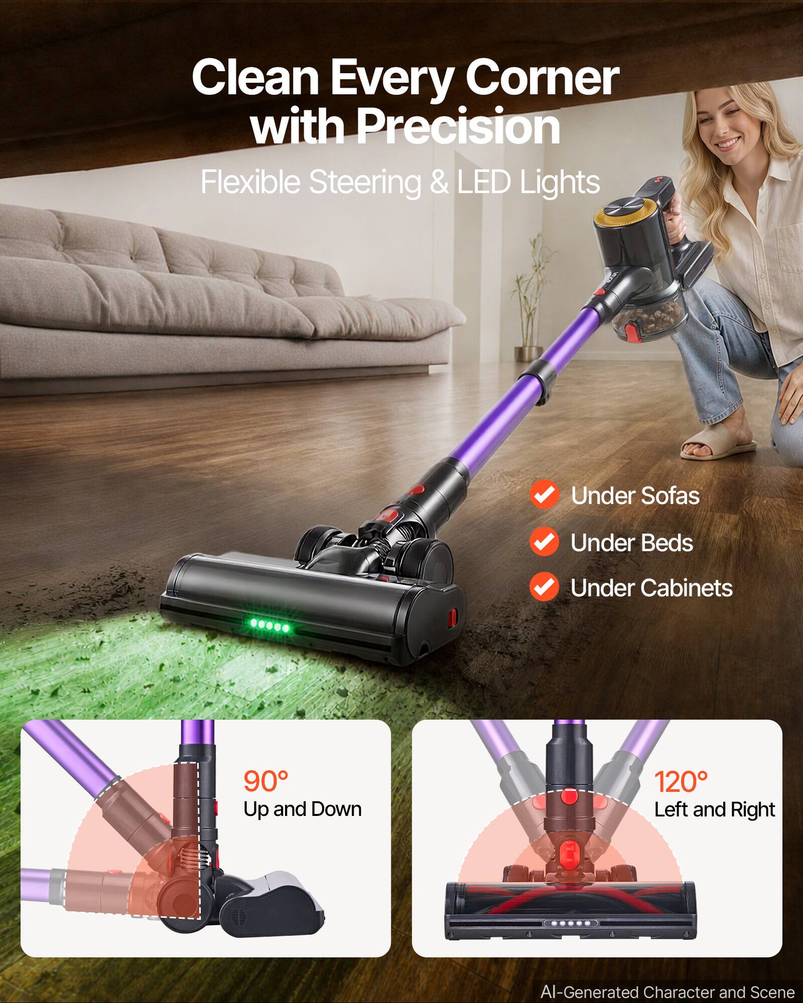 Clean Every Corner with Precision  
Flexible Steering & LED Lights  

Under Sofas  
Under Beds  
Under Cabinets  

90° Up and Down  
120° Left and Right  

AI-Generated Character and Scene