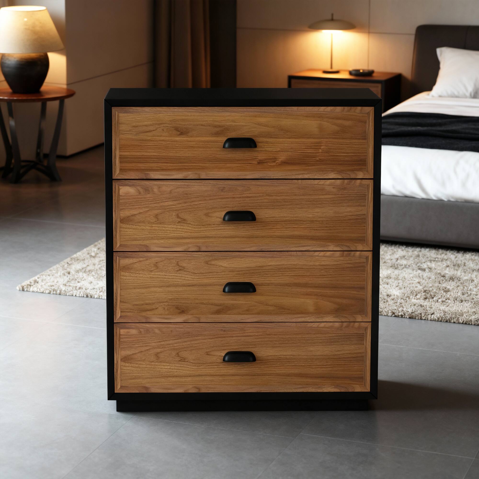 Alt View 1. luck idea - Mid-Century Modern 31.49" Solid Wood Nightstand with 4 Drawers, Bedside Table - Walnut Color.