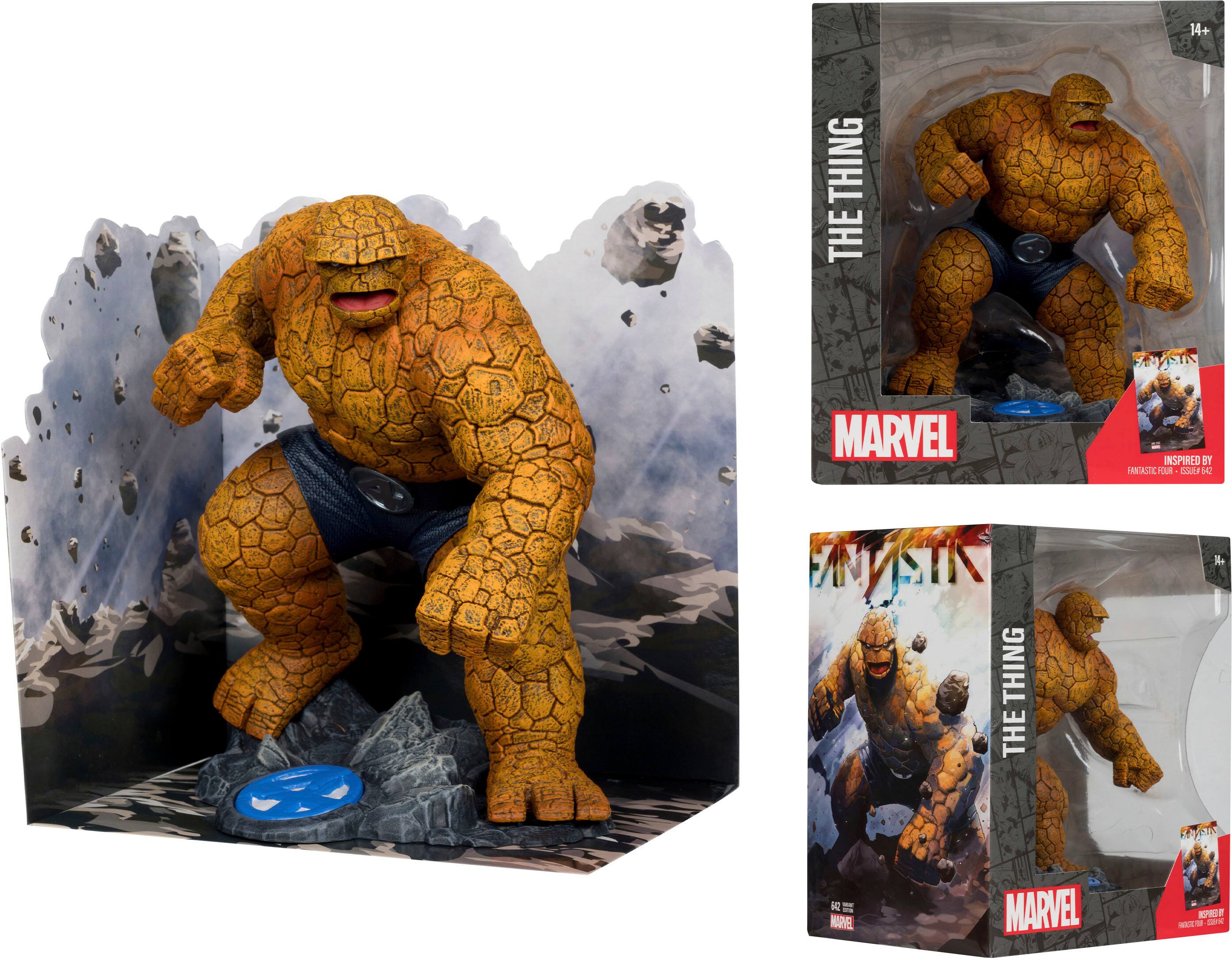 The image features a collection of Marvel-inspired action figures, including a Thing action figure. The Thing action figure is prominently displayed in the center of the image, while other figures are also visible in the background. The figures are showcased in various poses, with some standing and others sitting. The collection includes a mix of action figures and a comic book, creating a visually appealing display for fans of the Marvel universe.
