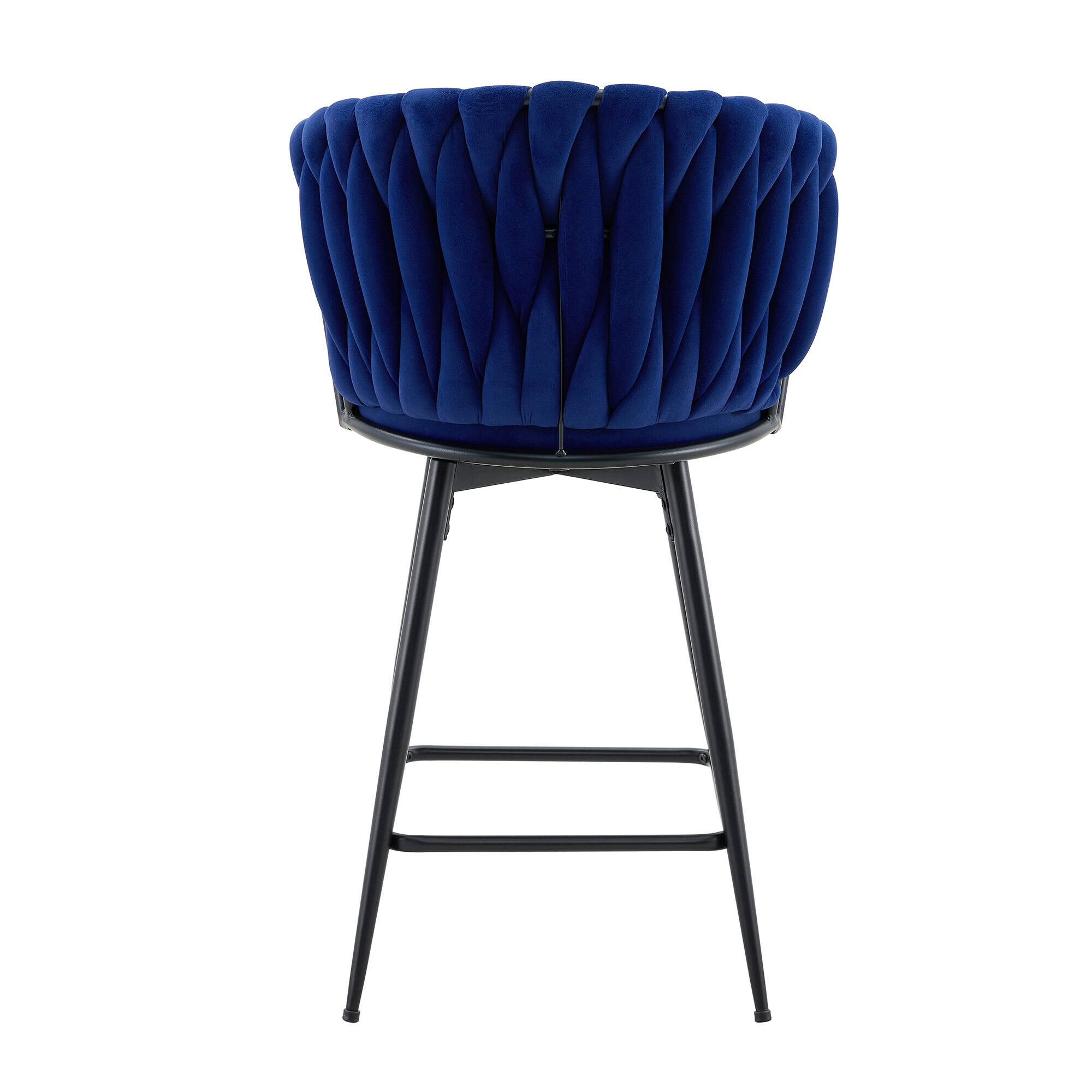 Alt View 7. Loheer - Loheer Counter Height Bar Stools Set of 2, Blue Velvet Bar Stools with Braided Back, Metal Frame, 3 ft - Black,Blue.