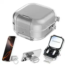 Dteck - Earphone Case for Galaxy Buds 4/4 Pro (2026) with Secure Lock,Clear Earbud Cover with Integrated Phone Stand & Carabiner - Gray