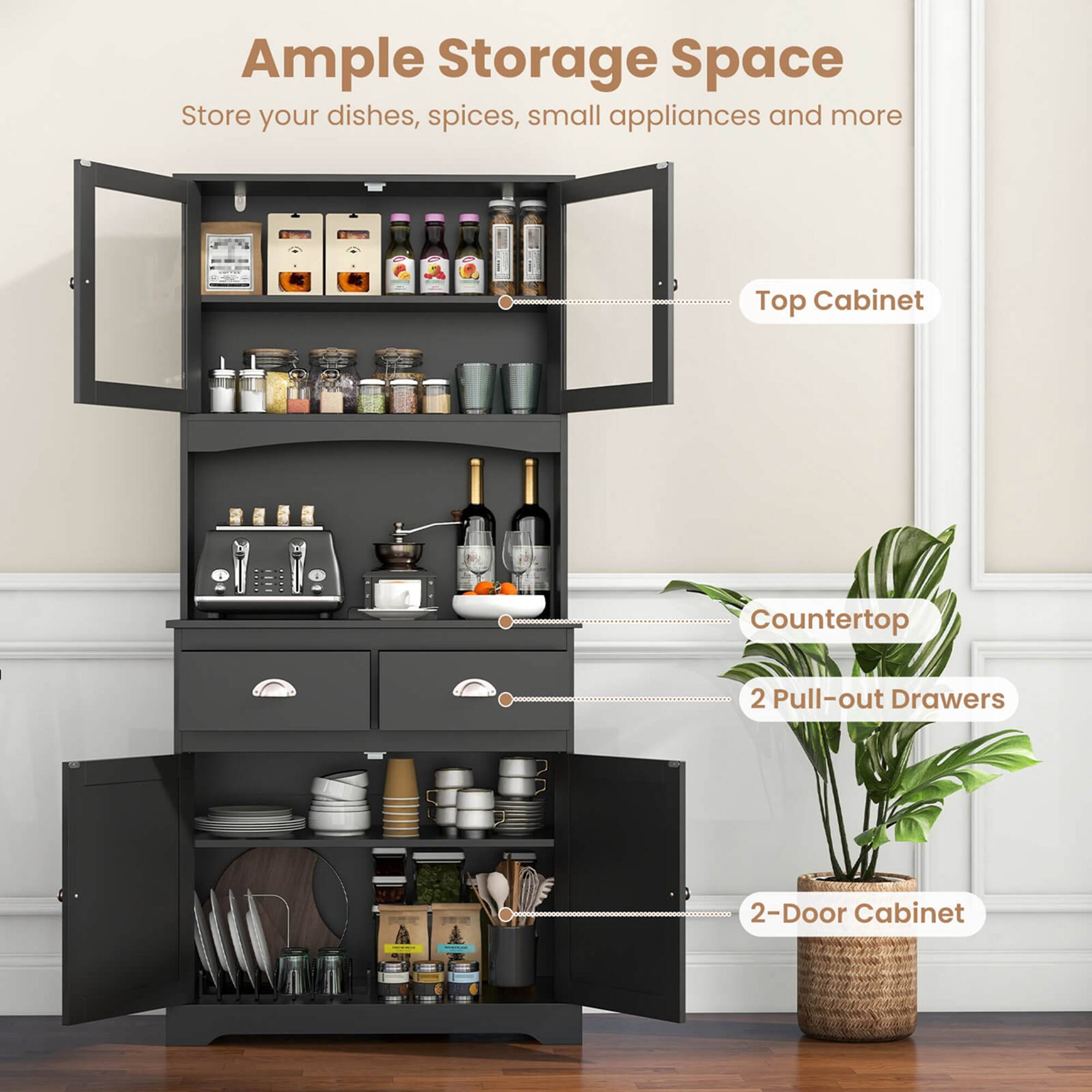 Ample Storage Space: Store your dishes, spices, small appliances, and more. Top Cabinet: Countertop. 2 Pull-out Drawers: 2-Door Cabinet.