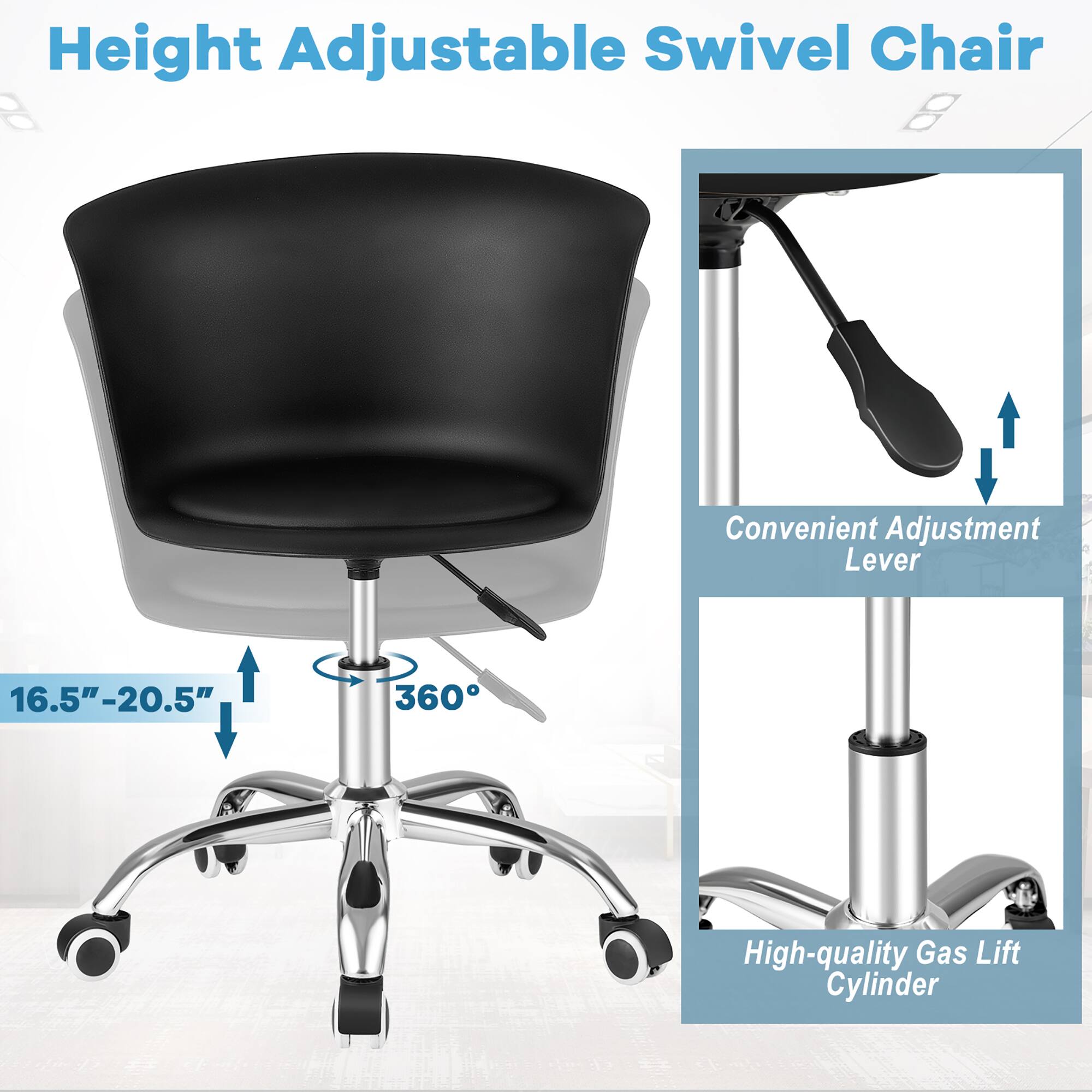 The text on the image reads "Height Adjustable Swivel Chair e Convenient Adjustment Lever 16.5"-20.5" 360 High-quality Gas Lift Cylinder."