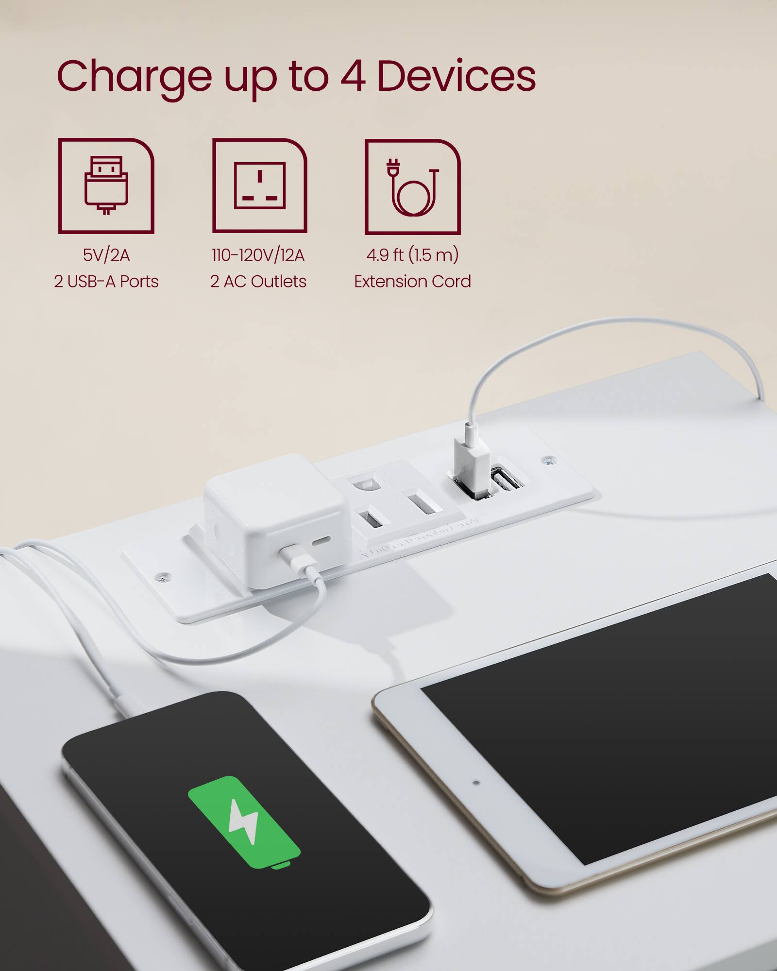 Charge up to 4 Devices  
5V/2A  
2 USB-A Ports  
110-120V/12A  
4.9 ft (1.5 m)  
2 AC Outlets  
Extension Cord