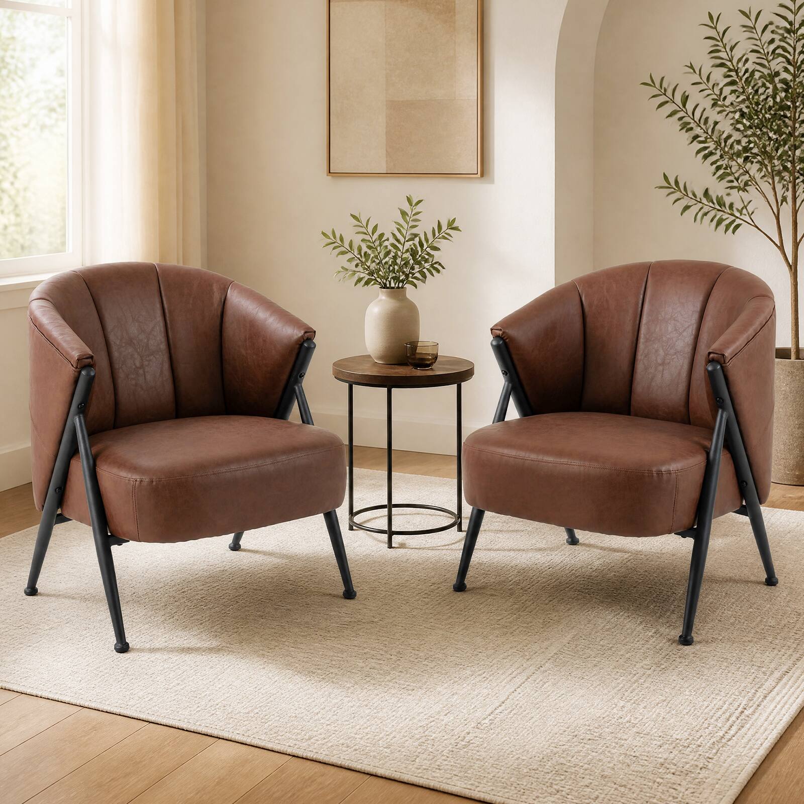 Alt View 4. Costway - Costway 2 PCS Accent Chair with Curved Backrest Wide Seat PU Upholstery Metal Legs for Home - Brown.