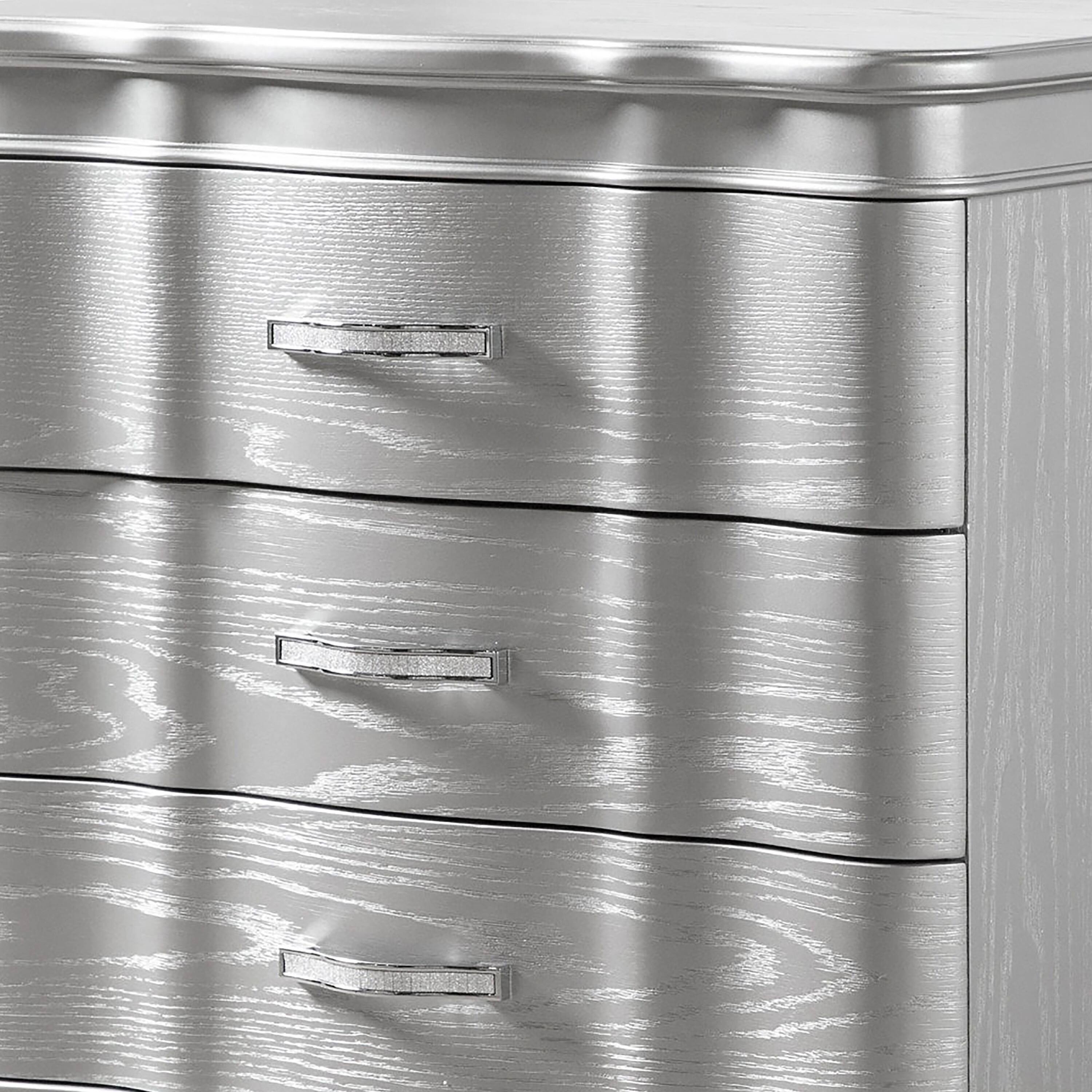 Alt View 1. Manhattan Lane - Eleena Nightstand, 3 Drawers, Silver Solid Wood, Metal Handles 28 Inch - Silver, Chrome.