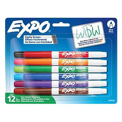 EXPO  
Easily Erases  
Efface Facilement  
Se Borra con Facilidad  

WOW  
Our Most Vibrant Ink Ever!  
Notre Tinte la Plus Vibrante  
Nuestra Tinta Más Vibrante  

Fine  
EXPO Low Odor  
EXPO Cont Dry Erase Markers  
12 Marqueurs Effaçables  
Marcadores Borrables  

EXPO  
Fine  
EXPO Low Odor  
EXPO Cont Dry Erase Markers