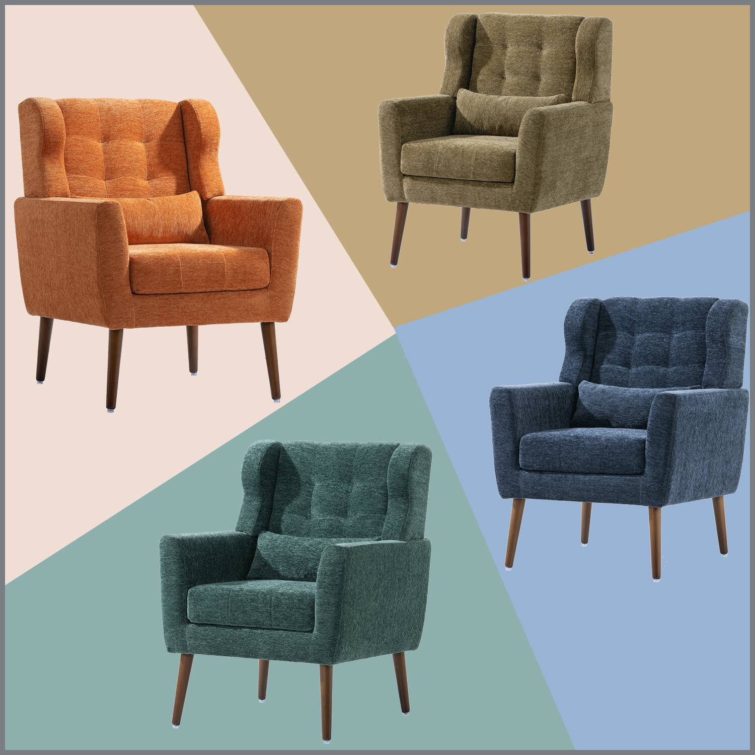 Back. Trinkets Crazed - Modern Wingback Living Room Chair, Upholstered Fabric Accent Armchair, Single Sofa Chair with Lounge Seat - Dark Blue.