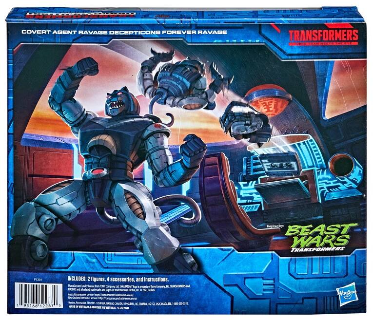 Sure, here is the corrected and grouped text from the image:

---

**COVERT AGENT RAVAGE DECEPTICONS FOREVER RAVAGE**

**TRANSFORMERS**

**Inspired by: BEAST WARS TRANSFORMERS**

**INCLUDES: 2 figures, 4 accessories, and Instructions.**

**Manufactured under license by TOMY Company in Japan.**

**TOMY Company, LLC.**

**© Hasbro. © 2011 Hasbro. All Rights Reserved.**

**MADE IN VIETNAM. FABRIQUÉ AU VIETNAM.**

**F-2011**

**95166 12267**

**Barcode: 4902558-29708**

**MADE IN VIETNAM. FABRIQUÉ AU VIETNAM. V-29708**

---

This text is organized to reflect the information as it appears on the packaging.