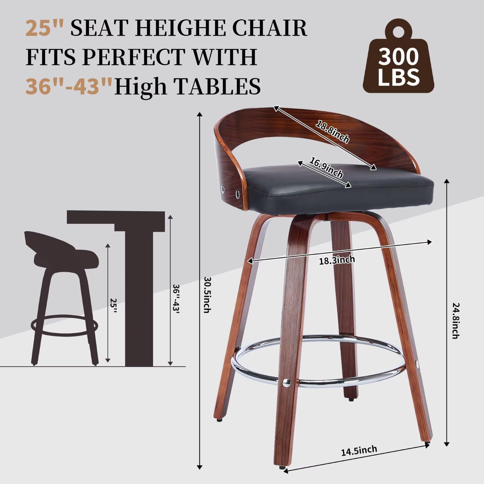 25" SEAT HEIGHT CHAIR  
FITS PERFECT WITH 36"-43" High TABLES  

300 LBS  

18.8 inch  
16.9 inch  
30.5 inch  
18.3 inch  
24.8 inch  
14.5 inch