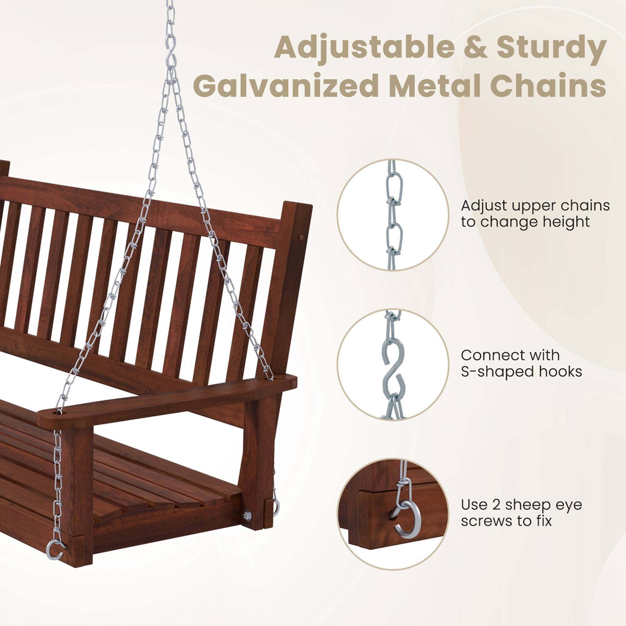 Adjustable & Sturdy Galvanized Metal Chains: Adjust upper chains to change height, Connect with S-shaped hooks, Use 2 sheep eye screws to fix.