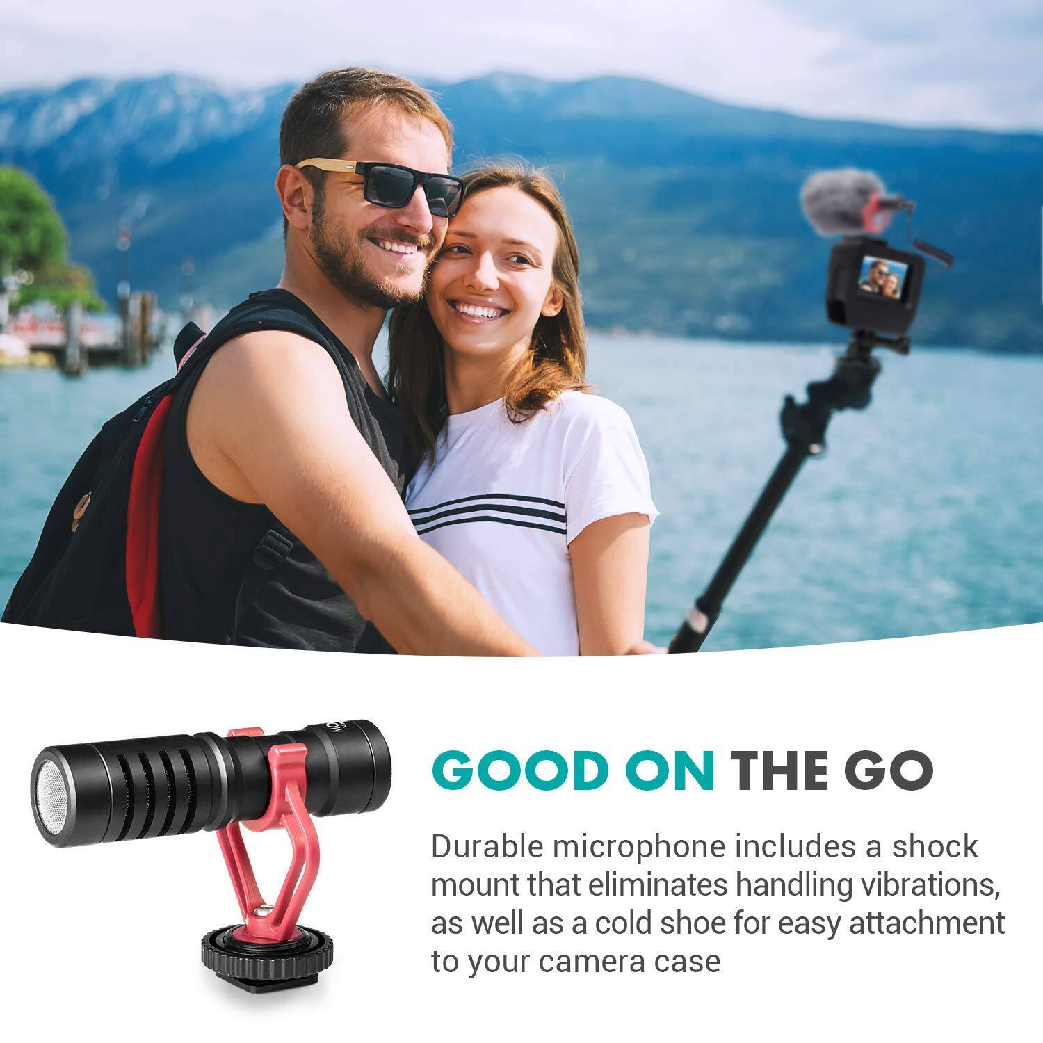 **GOOD ON THE GO**

Durable microphone includes a shock mount that eliminates handling vibrations, as well as a cold shoe for easy attachment to your camera case