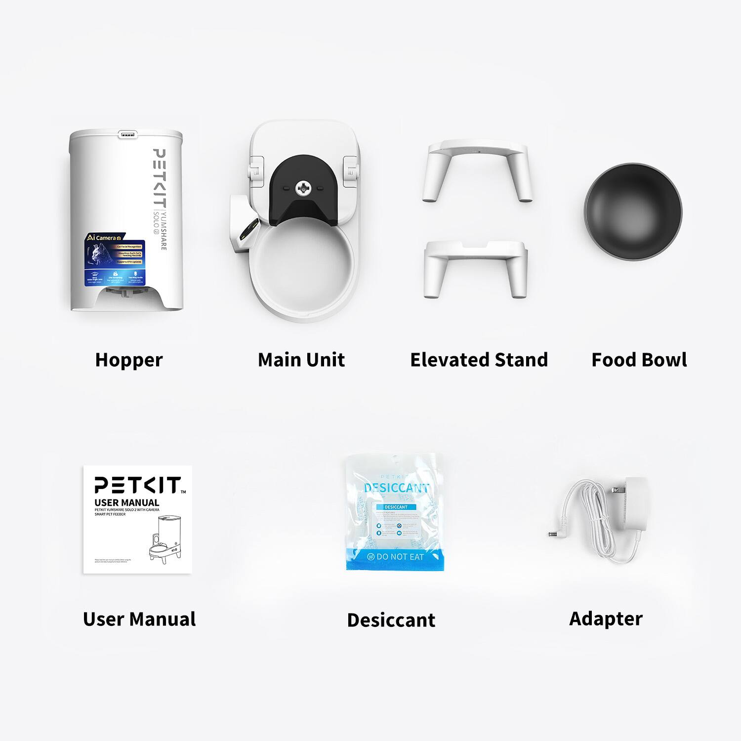 - Hopper Main Unit Elevated Stand Food Bowl PETKIT
- USER MANUAL
- PETKIT DESICCANT
- DO NOT EAT User Manual Desiccant Adapter