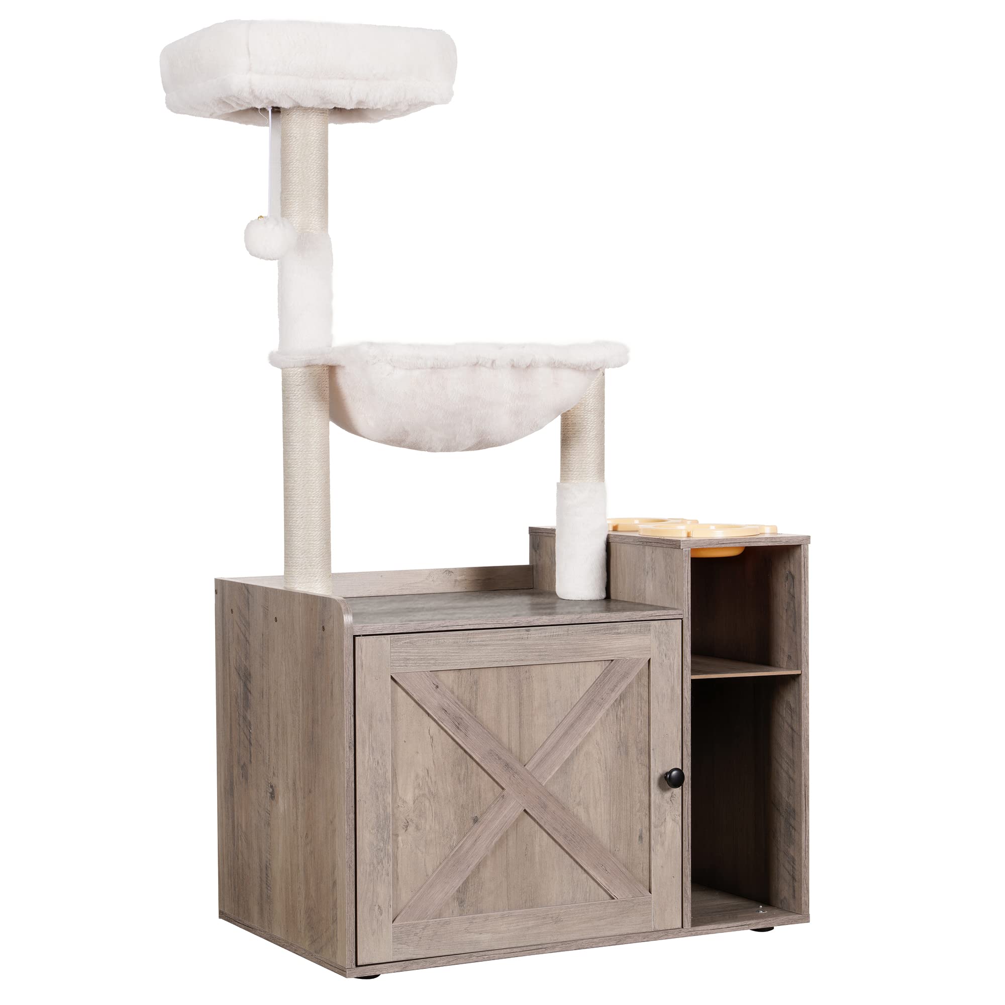 Front. JETRANSPORT - Cat Tree With Xl Litter Box Enclosure All-in-one Tower For Indoor Cats Large Hammock Bed Food Station Posts - Rustic Gray L (28.3"×17.7"×48.0").