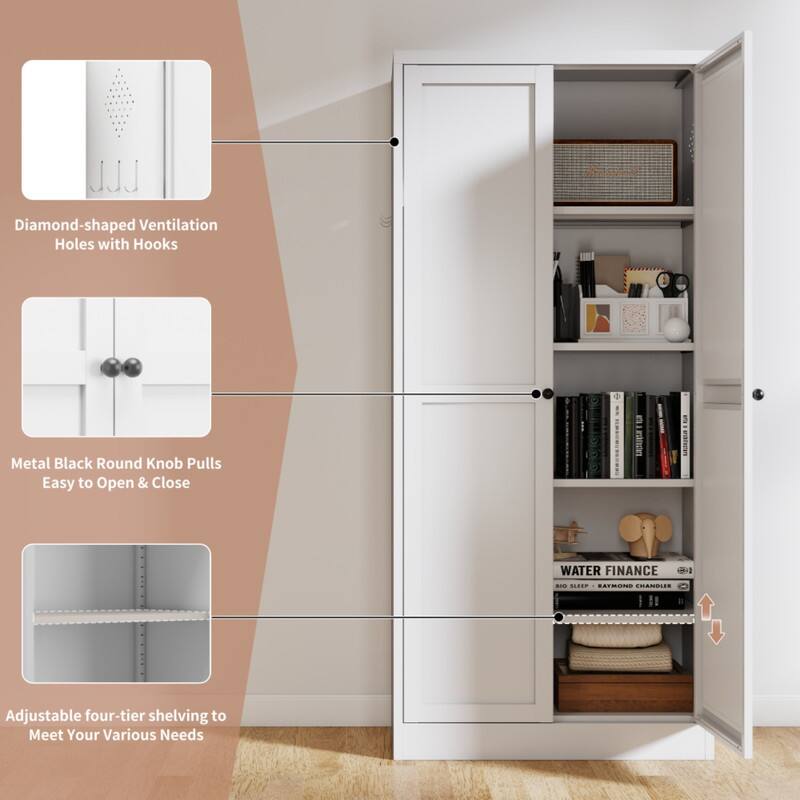 - Diamond-shaped Ventilation Holes with Hooks
- Metal Black Round Knob Pulls Easy to Open & Close
- Adjustable four-tier shelving to Meet Your Various Needs