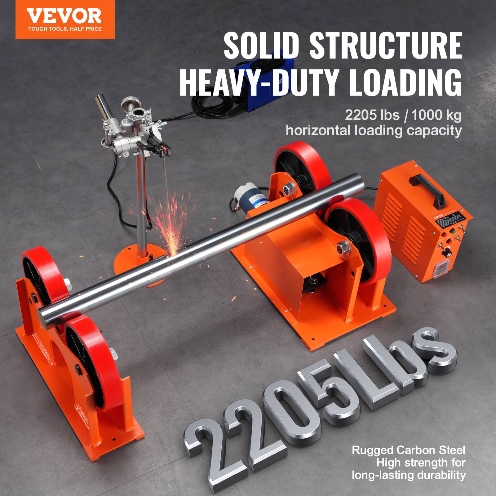 VEVOR TOUGH TOOLS, HALF PRICE

SOLID STRUCTURE HEAVY-DUTY LOADING

2205 lbs / 1000 kg horizontal loading capacity

Rugged Carbon Steel High strength for long-lasting durability