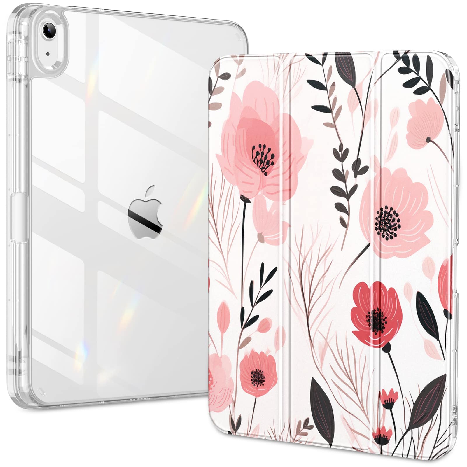 DTTO - Case for iPad (A16)/10th Gen (2025/2022), clear hard back, soft TPU frame, slim trifold stand, auto wake/sleep - Art Flowers