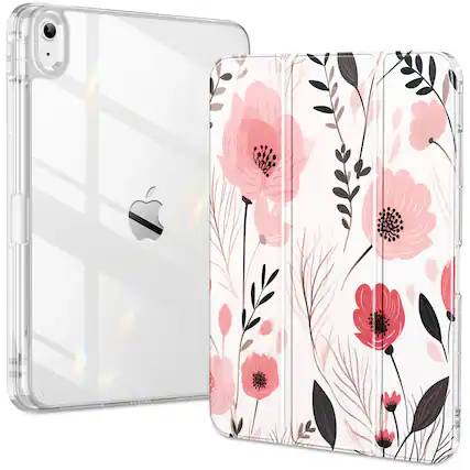 Front. DTTO - Case for iPad (A16)/10th Gen (2025/2022), clear hard back, soft TPU frame, slim trifold stand, auto wake/sleep - Art Flowers.
