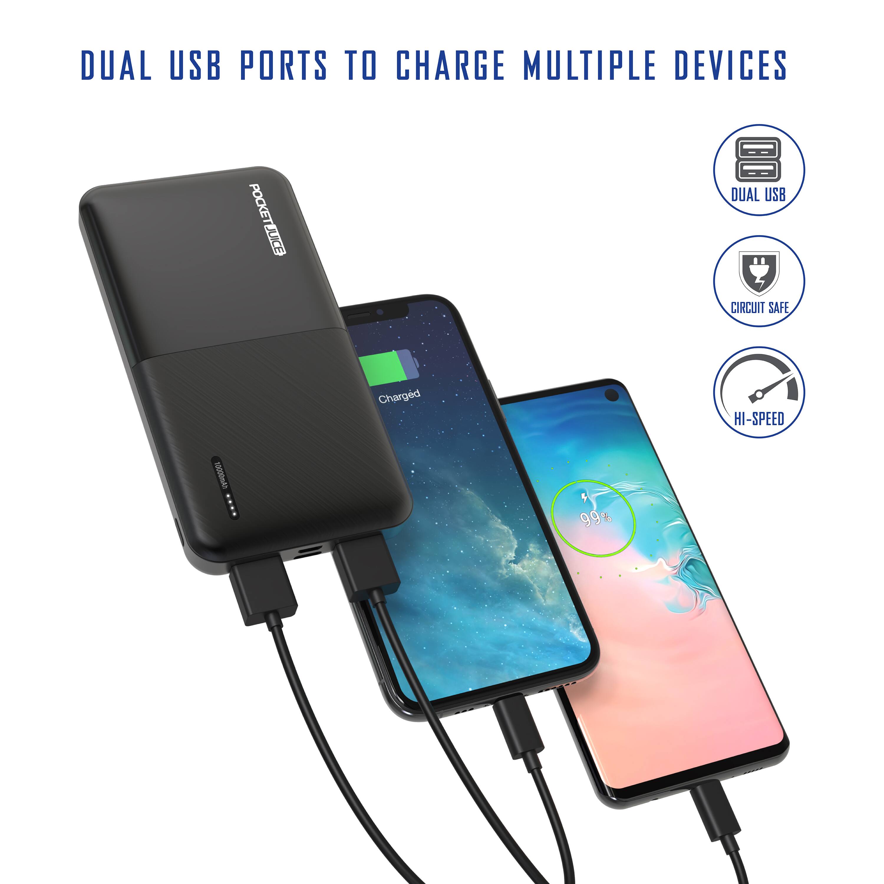 DUAL USB PORTS TO CHARGE MULTIPLE DEVICES

POCKETJUICE

- DUAL USB
- CIRCUIT SAFE
- HI-SPEED

10000mAh

99%