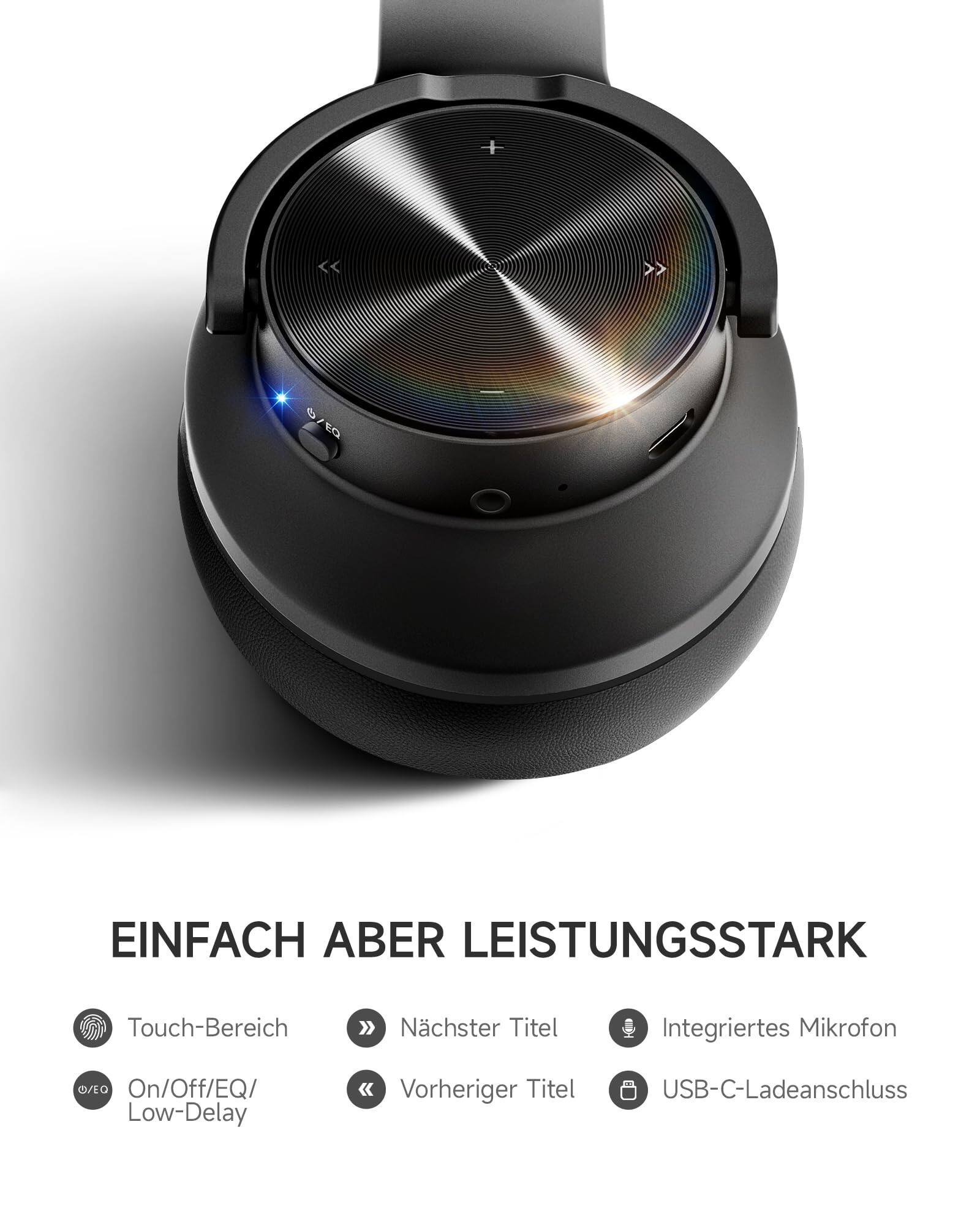 EINFACH ABER LEISTUNGSSSTARK

- Touch-Bereich
- Nächster Titel
- Integriertes Mikrofon
- On/Off/EQ/ Low-Delay
- Vorheriger Titel
- USB-C-Ladeanschluss