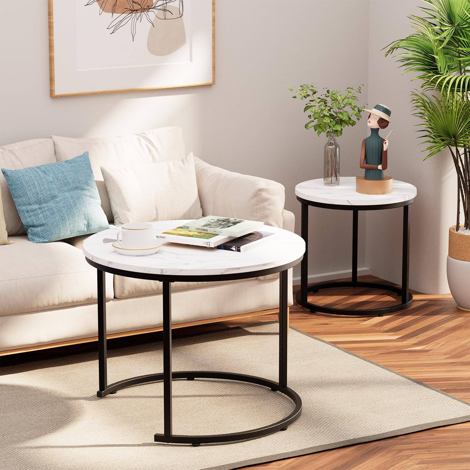 Alt View 7. Hanke - Round Nesting Coffee Table Side End Tables For Living Room Bedroom Balcony Faux Marble Wooden Accent With - Black Brown Engineered Wood.