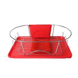 MegaChef - 17 Inch and Silver Dish Rack with Detachable Utensil holder and a 6 Attachable Plate Positioner - Red