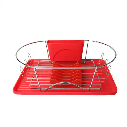 Front. MegaChef - MegaChef 17 Inch Red and Silver Dish Rack with Detachable Utensil holder and a 6 Attachable Plate Positioner - Red.