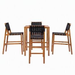 RYHNUYNE - 30.5" Seat Height 5‑Piece Wood Patio Bar Set,Teak Finish Frame with Black PE Woven Rope,Comfortable Seating - Teak+ Black