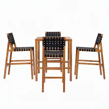 Front. RYHNUYNE - 30.5" Seat Height 5‑Piece Wood Patio Bar Set,Teak Finish Frame with Black PE Woven Rope,Comfortable Seating - Teak+ Black.